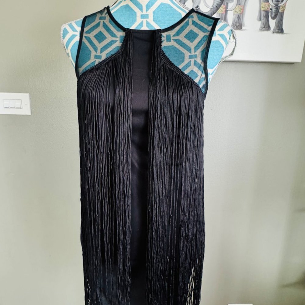 ASOS DESIGN fringe and mesh mini shift dress in black Size 4 - Picture 7 of 7